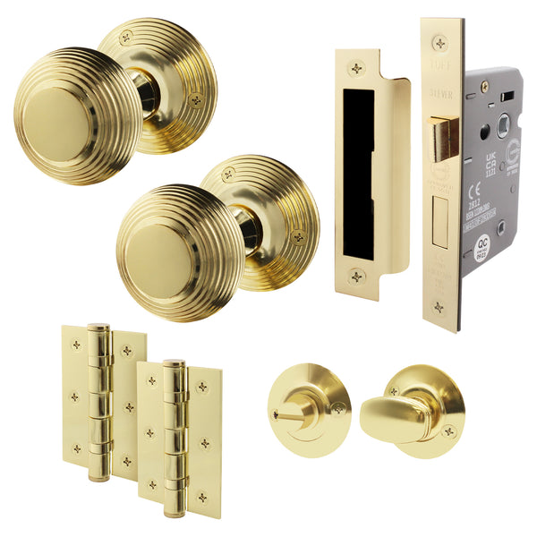 Beehive Polished Brass Mortice Door Knob Kit - 80mm Bathroom Lock - tradefit - Featured Image