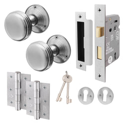 Victorian Ringed Satin Chrome Mortice Door Knob Kit - 80mm Sashlock - 76mm Hinges - tradefit