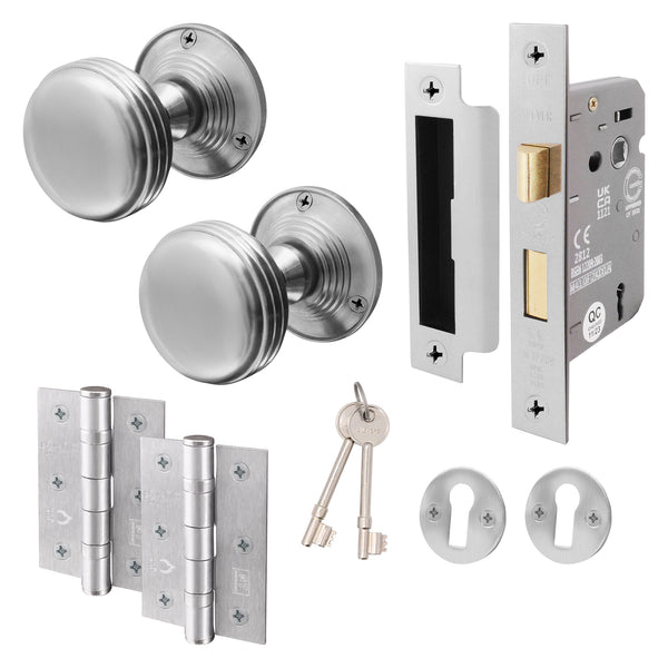 Victorian Ringed Satin Chrome Mortice Door Knob Kit - 80mm Sashlock - 76mm Hinges - tradefit - Featured Image