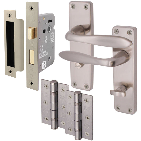 Sassari Satin Nickel Lever Door Handle Pack - 64mm Bathroom Lock - tradefit - Featured Image