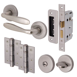 Sassari Satin Nickel Lever on Rose Door Handle Pack - 80mm Bathroom Lock - tradefit