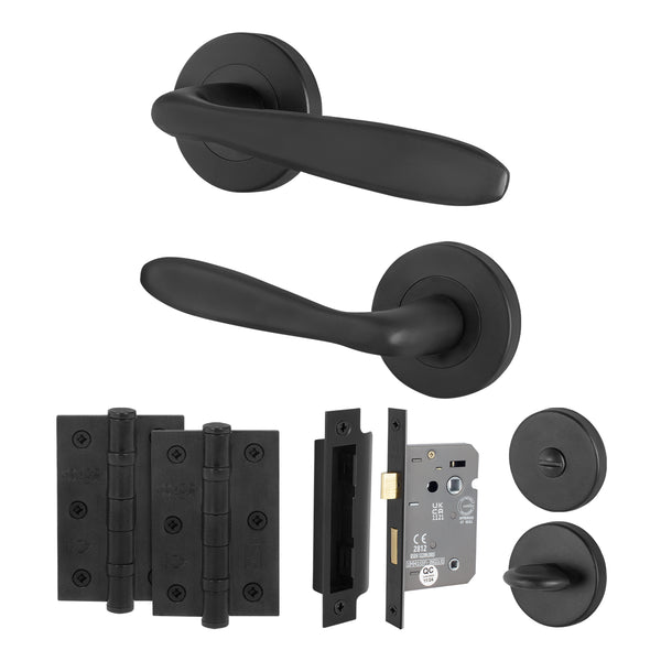 Sassari Matt Black Lever on Rose Door Handle Pack - 64mm Bathroom Lock - tradefit - Featured Image