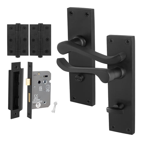 Victorian Scroll Matt Black Lever Door Handle Pack - 80mm Bathroom Lock - tradefit