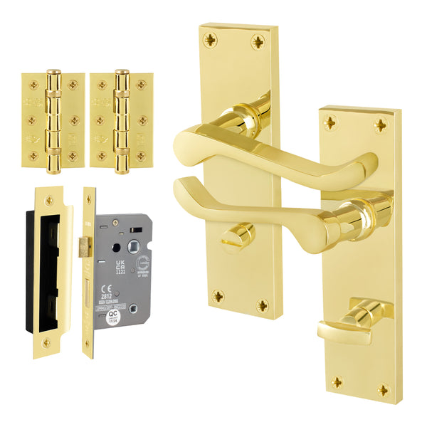 Victorian Scroll Polished Brass Lever Door Handle Pack - 64mm Bathroom Lock - tradefit - Featured Image
