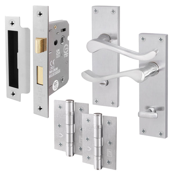 Victorian Scroll Satin Chrome Lever Door Handle Pack - 80mm Bathroom Lock - tradefit - Featured Image