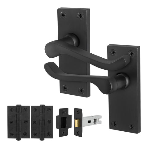 Victorian Scroll Matt Black Lever Door Handle Pack - 64mm Latch - tradefit