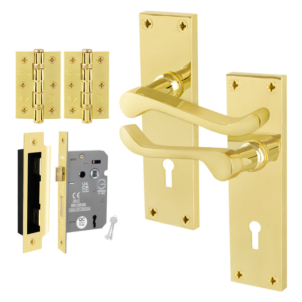 Victorian Scroll Polished Brass Lever Door Handle Pack - 64mm Sashlock - tradefit - Featured Image