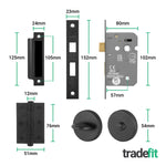Nola Matt Black Lever on Rose Door Handle Pack - 80mm Bathroom Lock - tradefit - 3