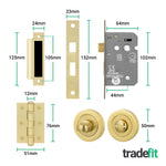 Olbia Satin Brass Lever on Rose Door Handle Pack - 64mm Bathroom Lock - 3