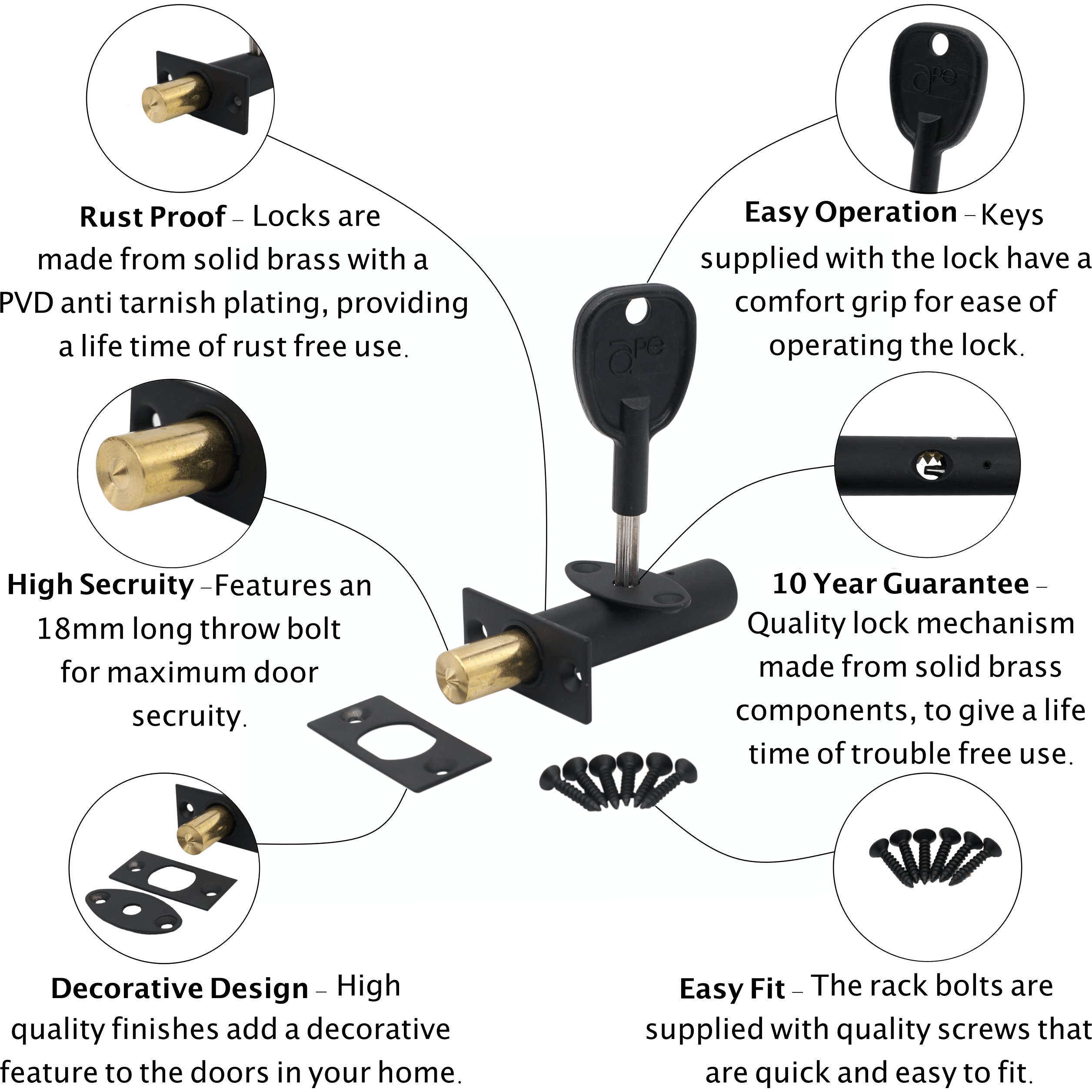 Concealed Door Security Rack Bolts Pack of 1 (no keys) - 61mm - Black ...