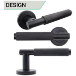 Dinis Knurled Matt Black Lever on Rose Door Handle Pack - 80mm Sashlock - tradefit - 3