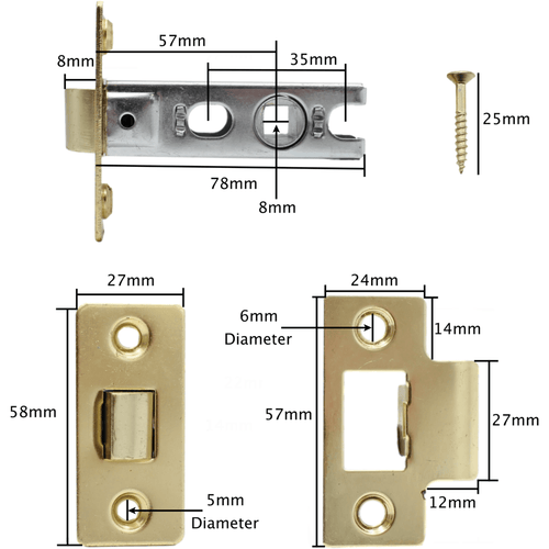 3 inch/76mm Economy Tubular Latch - 57mm Backset - Brass - tradefit