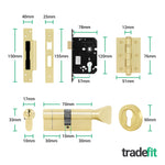 Olbia Satin Brass Lever on Rose Door Handle Kit - 80mm Euro Sashlock and Double Cylinder - Master Keyed - 3