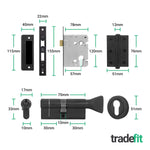Olbia Matt Black Lever on Rose Door Handle Kit - 80mm Euro Sashlock and Double Cylinder - Keyed to Differ - tradefit - 4