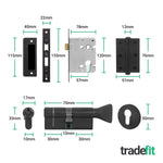 Nola Matt Black Lever on Rose Door Handle Kit - 80mm Euro Sashlock and Double Cylinder - Keyed Alike - tradefit - 3