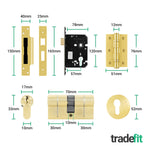 Bosa Satin Brass Lever on Rose Door Handle Kit - 80mm Euro Sashlock and Double Cylinder - Keyed to Differ - tradefit - 3