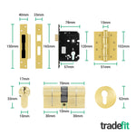 Bosa Satin Brass Lever on Rose Door Handle Kit - Standard Duty FD30/60 - 80mm Euro Sashlock and Double Cylinder - Keyed Alike - tradefit - 4
