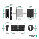 Olbia Matt Black Lever on Rose Door Handle Kit - Medium Duty FD30/60 - 80mm Euro Sashlock and Double Cylinder - Keyed to Differ - tradefit - 4