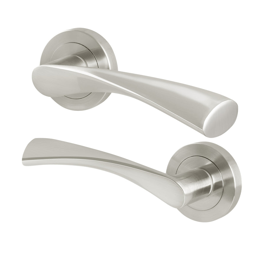 Nola Satin Nickel Door Handles - Fire Rated FD30/60 - Lever on Rose - tradefit