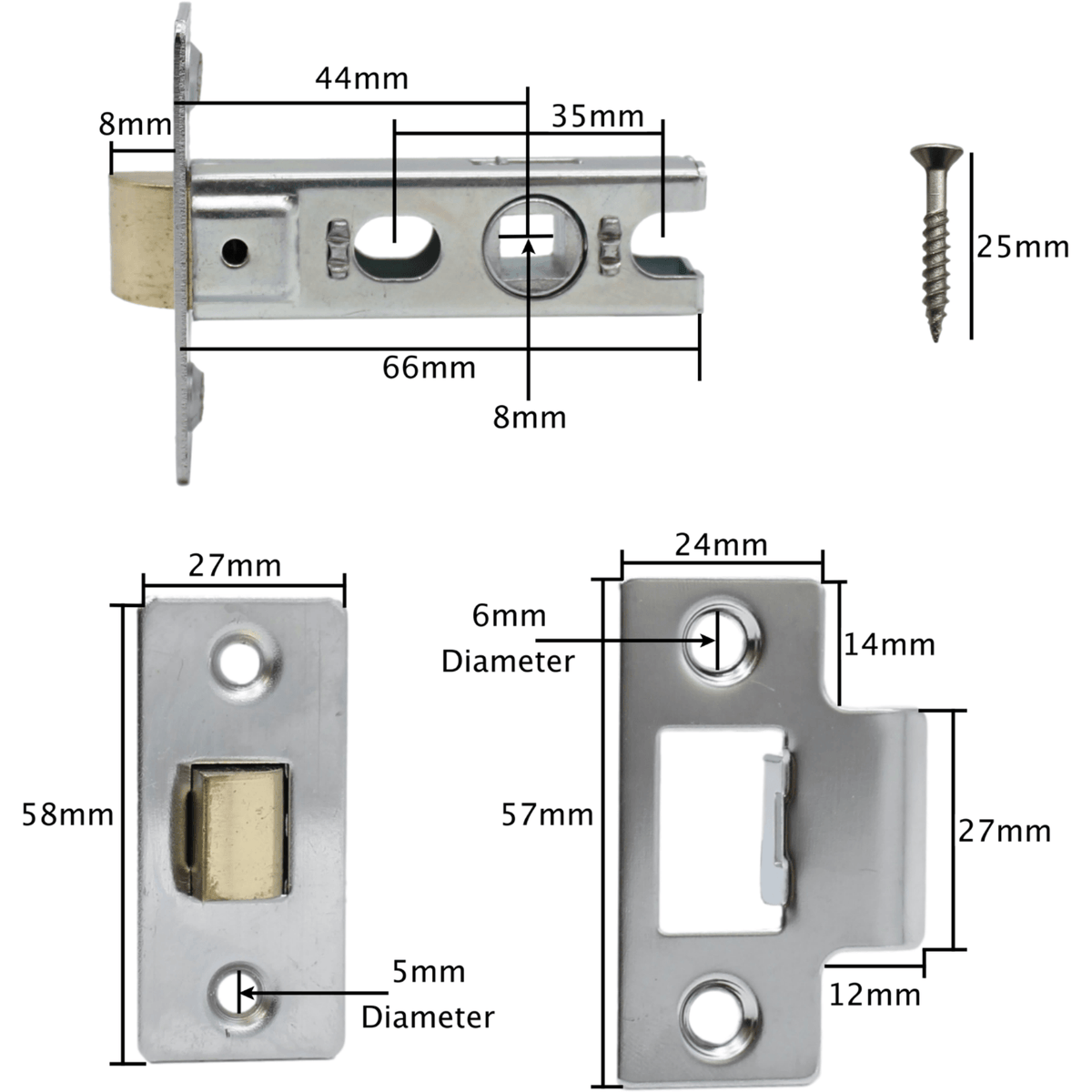 2.5 inch/64mm Economy Tubular Latch - 44m Backset - Chrome - tradefit