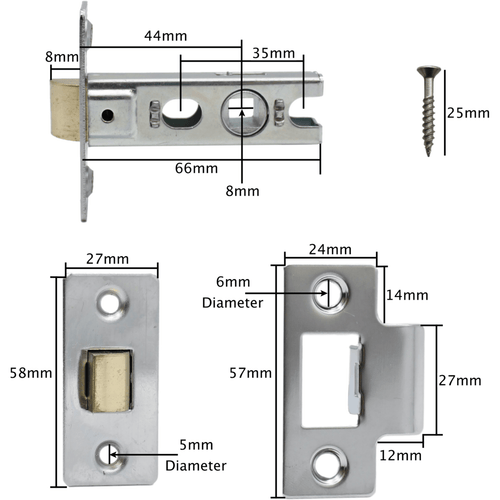 2.5 inch/64mm Economy Tubular Latch - 44m Backset - Chrome - tradefit
