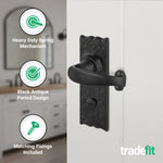 Black Iron Lever Door Handles on Backplate Traditional Canterbury Pattern Bathroom Pack - 155x52mm - 64mm Bathroom Lock x 76mm Hinge - Black Antique Iron - tradefit - 4