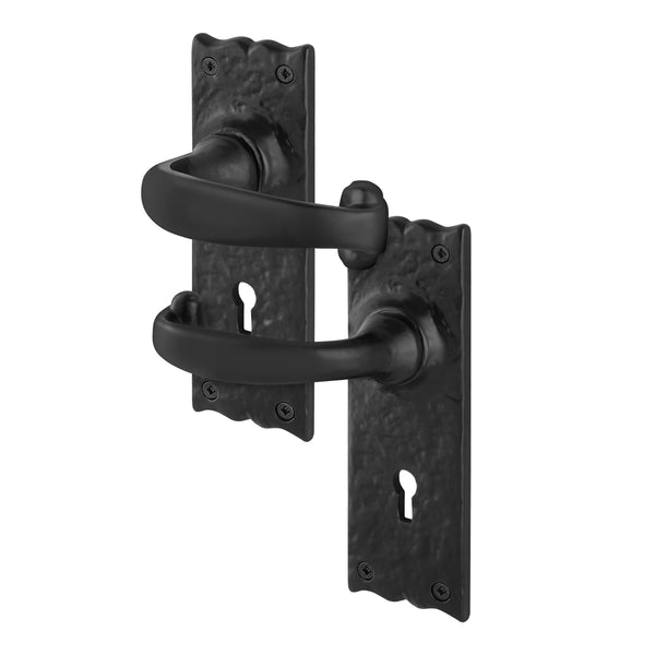 Black Iron Lever Door Handles on Backplate Traditional Canterbury Pattern Lock Set - 150 x 47mm - Black Antique Iron - tradefit - Featured Image