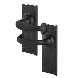Black Iron Lever Door Handles on Backplate Traditional Canterbury Pattern Latch Set - 155x52mm - Black Antique Iron - tradefit