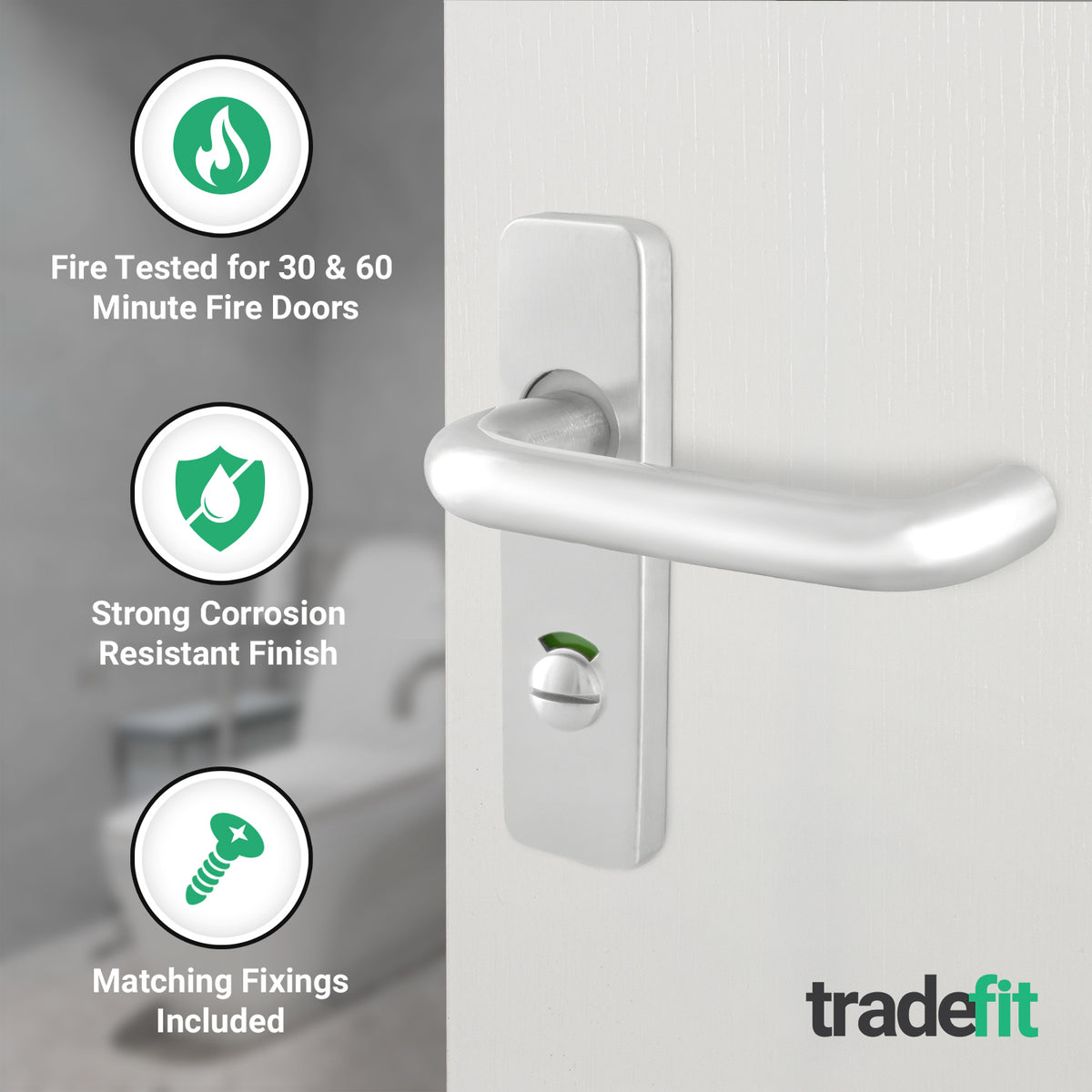 19mm Return To Door RTD Fire Rated Round Bar Lever Handle - Bathroom Set - 153mm - Satin Aluminium - tradefit