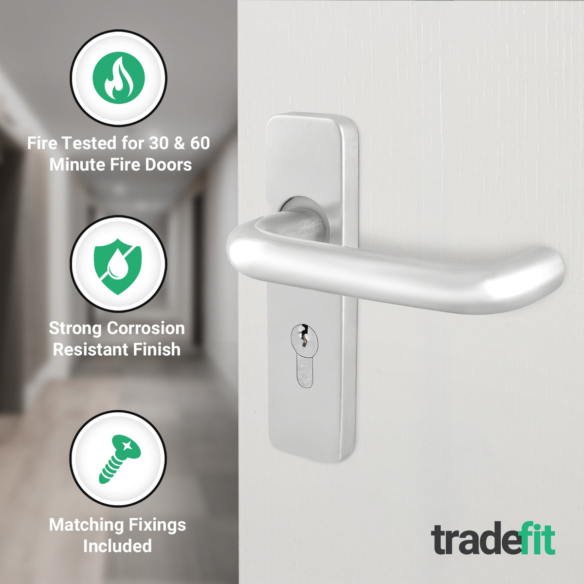 19mm Return To Door RTD Fire Rated Round Bar Lever Handle - Euro Lock Set - 153mm - Satin Aluminium - tradefit