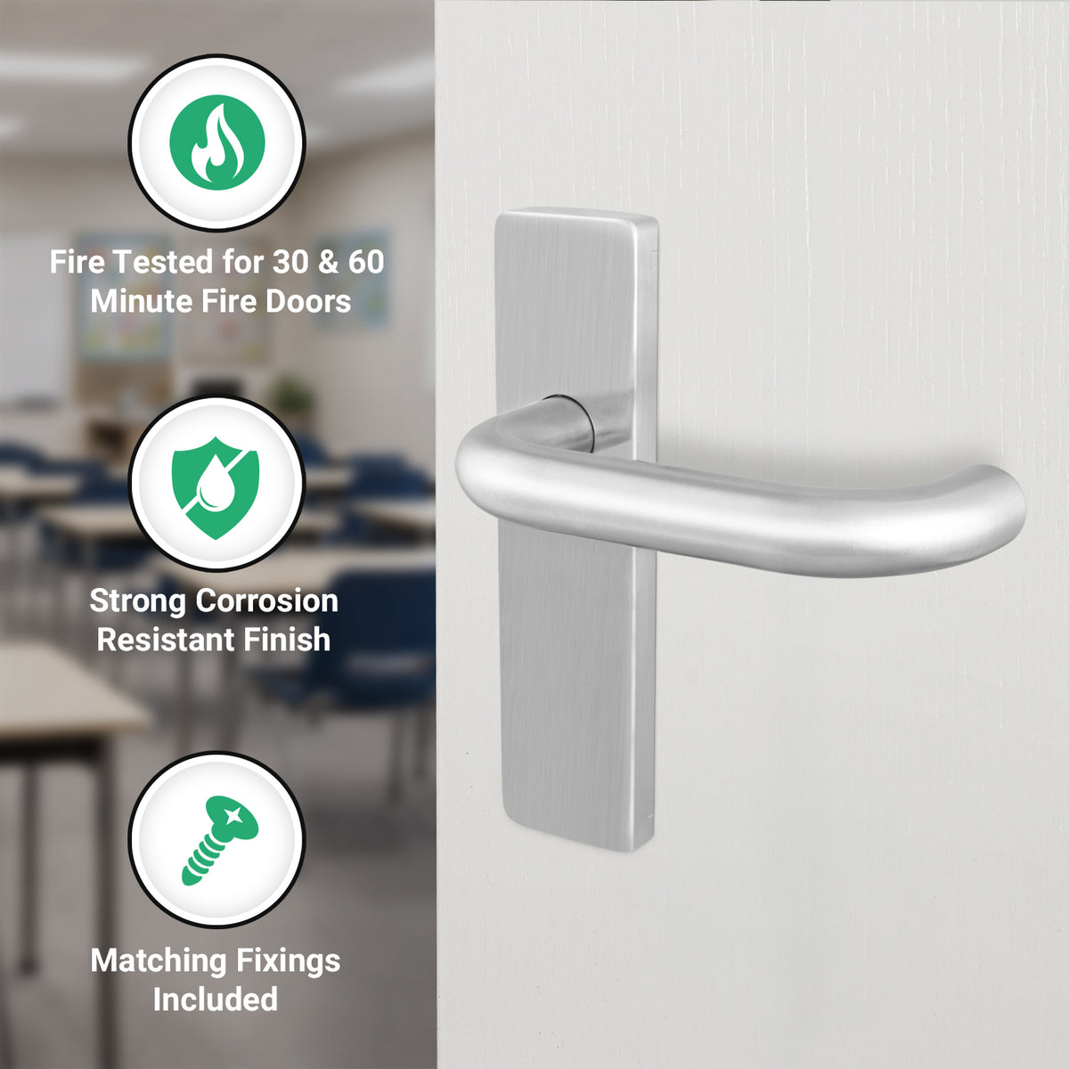 19mm Return To Door RTD Fire Rated Round Bar Lever Handle - Latch Set - 153mm - Satin Aluminium - tradefit