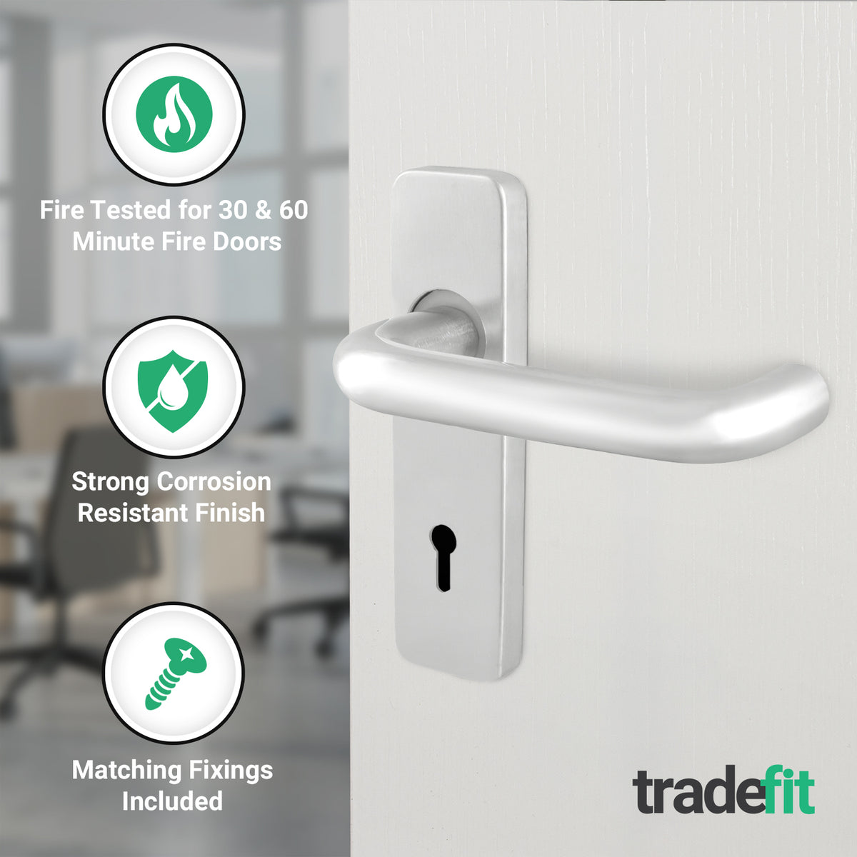 19mm Return To Door RTD Fire Rated Round Bar Lever Handle - Lock Set - 153mm - Satin Aluminium - tradefit