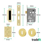 Olbia Satin Brass Lever on Rose Door Handle Pack - 64mm Sashlock - 3