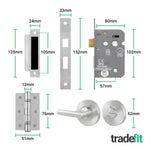 Mitre Lever on Rose Stainless Steel Door Handle Kit - Medium Duty - 80mm Bathroom Lock - tradefit - 3