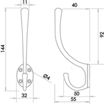 Hat and Coat Hook - 142mm - Satin Chrome - tradefit - 2