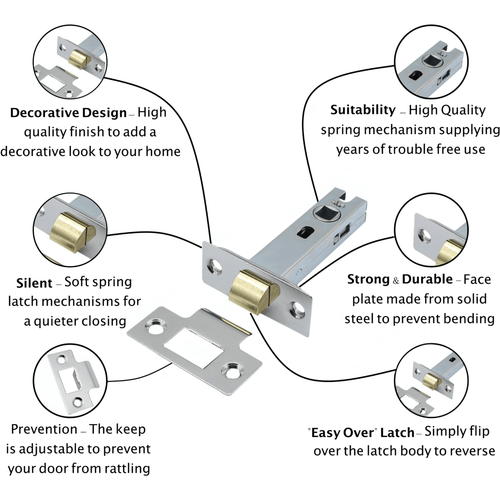 3 inch/76mm Economy Tubular Latch - 57mm Backset - Chrome - tradefit