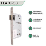 Fire Rated DIN Bathroom Lock - 60mm Backset / 90mm Case / 72mm Centres - Satin Stainless Steel - tradefit - 3