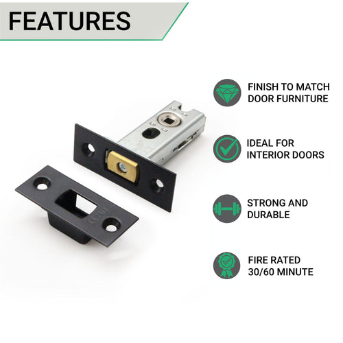 3 inch/76mm Tubular Bathroom Deadbolt - 57mm Backset - Matt Black - tradefit