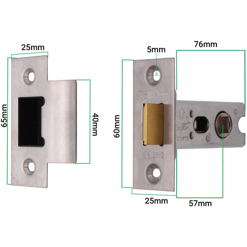 3 inch/78mm Tubular Latch Fire Rated Bolt Through - 57mm Backset - Satin Stainless Steel - tradefit