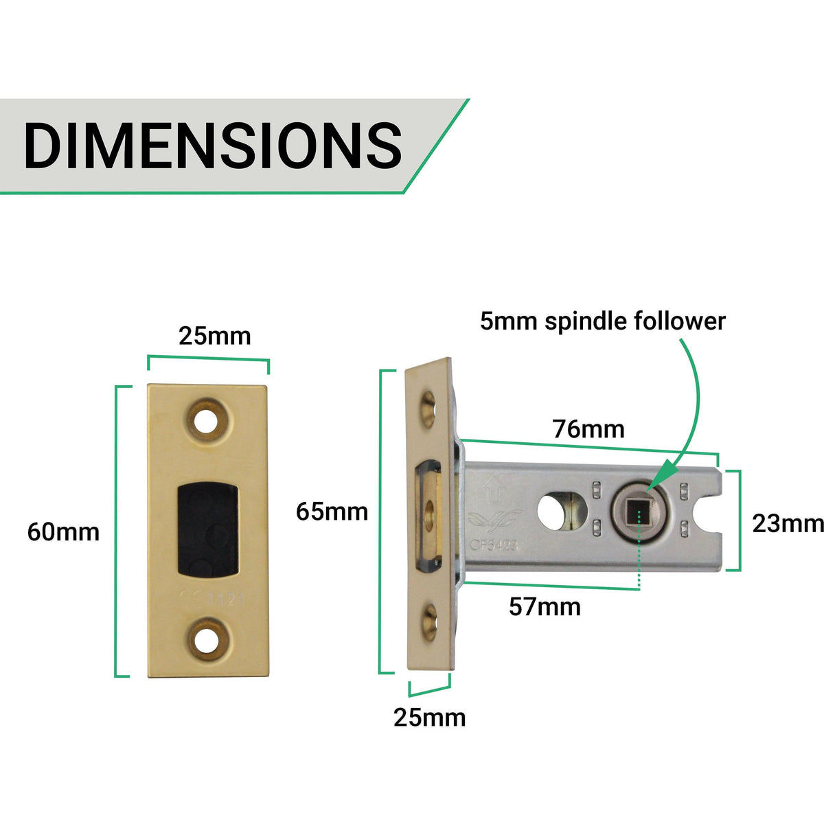 3 inch/76mm Tubular Bathroom Deadbolt - 57mm Backset - Polished Brass - tradefit