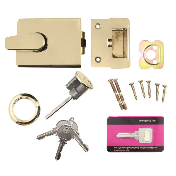 Roller Bolt Rim Nightlatch - 90mm Case 60mm Backset - Polished Brass - tradefit - Featured Image