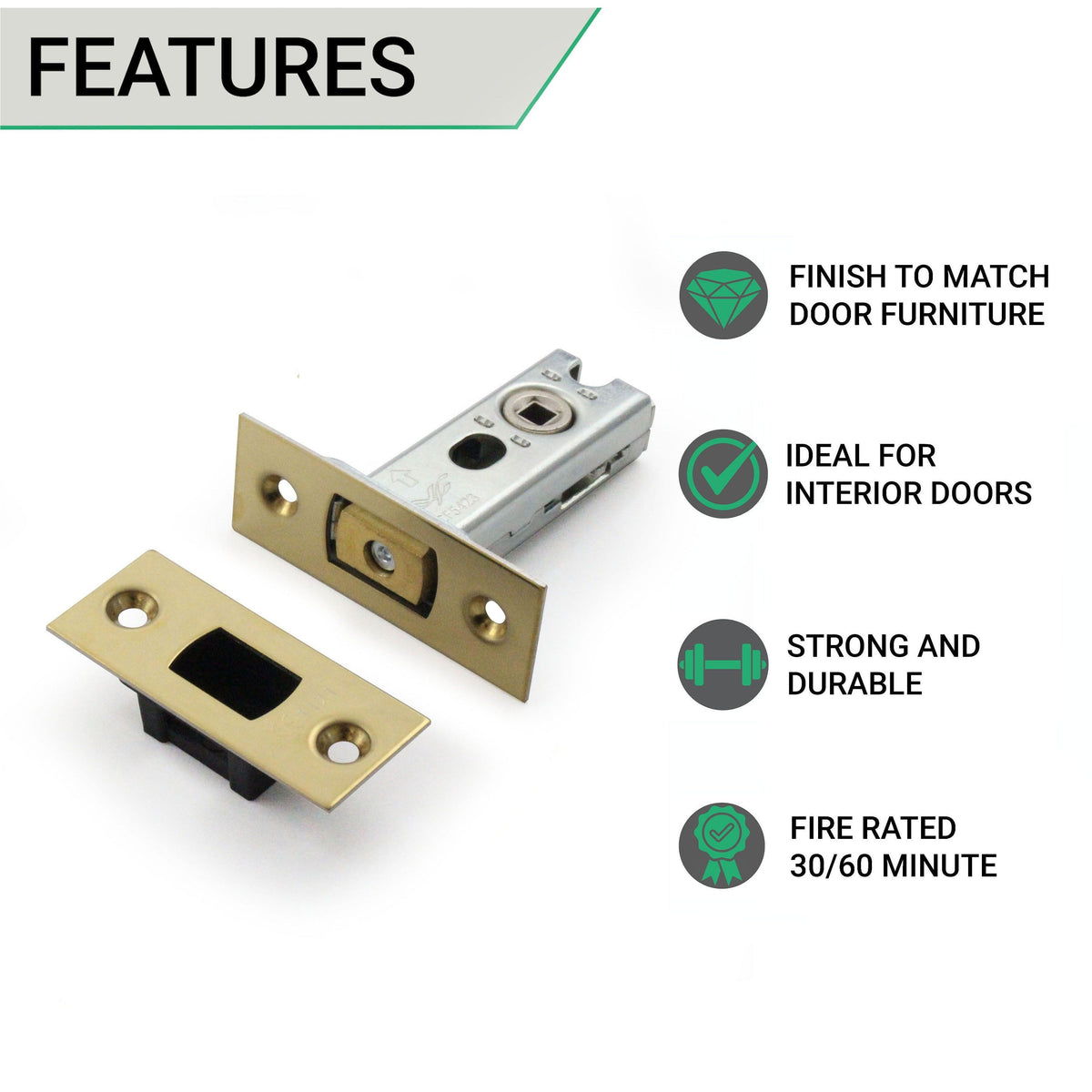 3 inch/76mm Tubular Bathroom Deadbolt - 57mm Backset - Polished Brass - tradefit