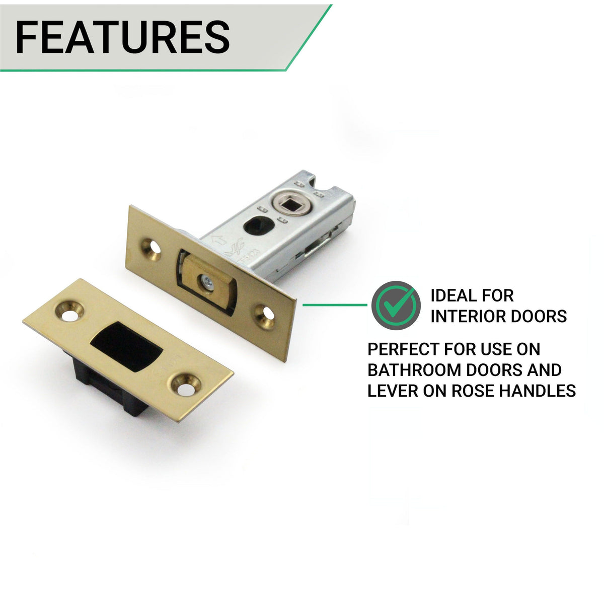 3 inch/76mm Tubular Bathroom Deadbolt - 57mm Backset - Polished Brass - tradefit