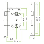 Mortice Bathroom Lock Fire Rated - 64mm Case Size - 44mm Backset - Square PVD Brass - tradefit - 3