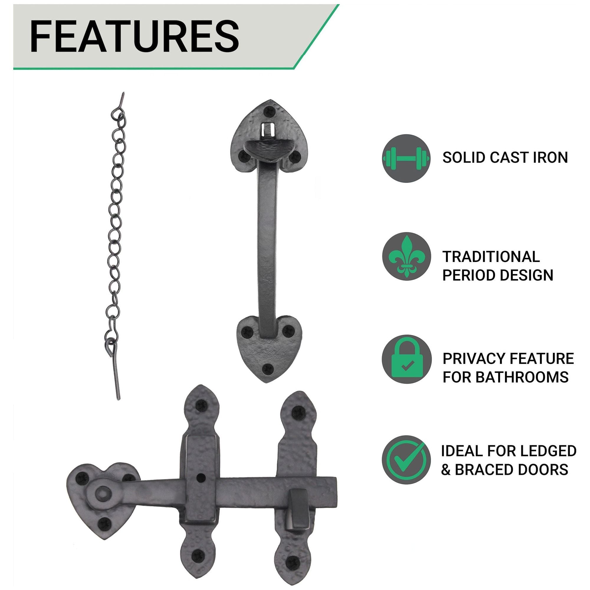 Cast Iron Door Hinges & Thumb Latch Set - Vintage Tudor Gothic