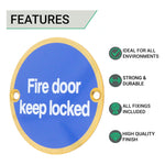Circular Disc Fire Door Signage - 76mm x 1.5mm - Screw Fixed - Fire Door Keep Locked - Polished Brass - tradefit - 2