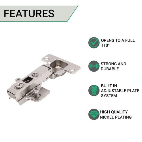 35mm Clip On Sprung Kitchen Cabinet Hinge - FULL OVERLAY 110 Deg c/w Euro Screw on Plate - tradefit