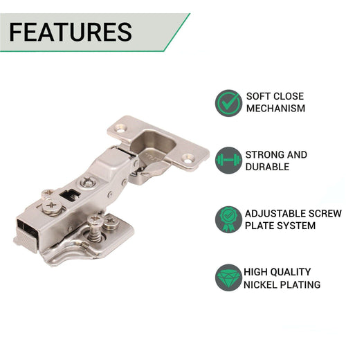 35mm Clip On Sprung Soft Close Kitchen Cabinet Hinge - HALF OVERLAY 110 Deg c/w Euro Screw on Plate - tradefit