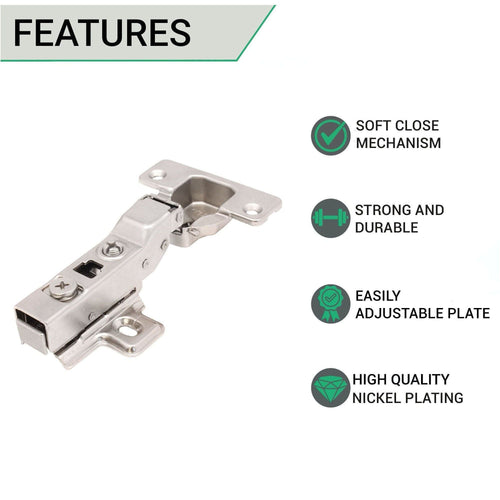 35mm Clip On Sprung Soft Close Kitchen Cabinet Hinge - HALF OVERLAY 110 Deg c/w Screw on Plate - tradefit