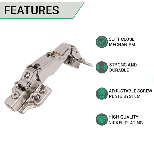 35mm Clip On Sprung Soft Close Kitchen Cabinet Hinge - FULL OVERLAY 165 Deg c/w Euro Screw on Plate - tradefit